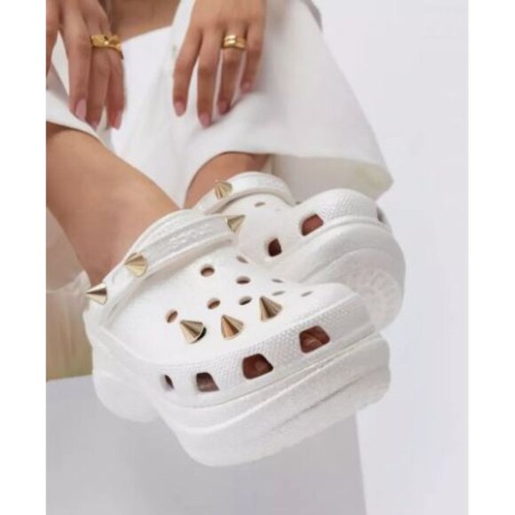 Crocs Women's White Off Bae Glitter Stud Platform Clogs Gold Spikes Sz 9  2360 - Picture 2 of 16